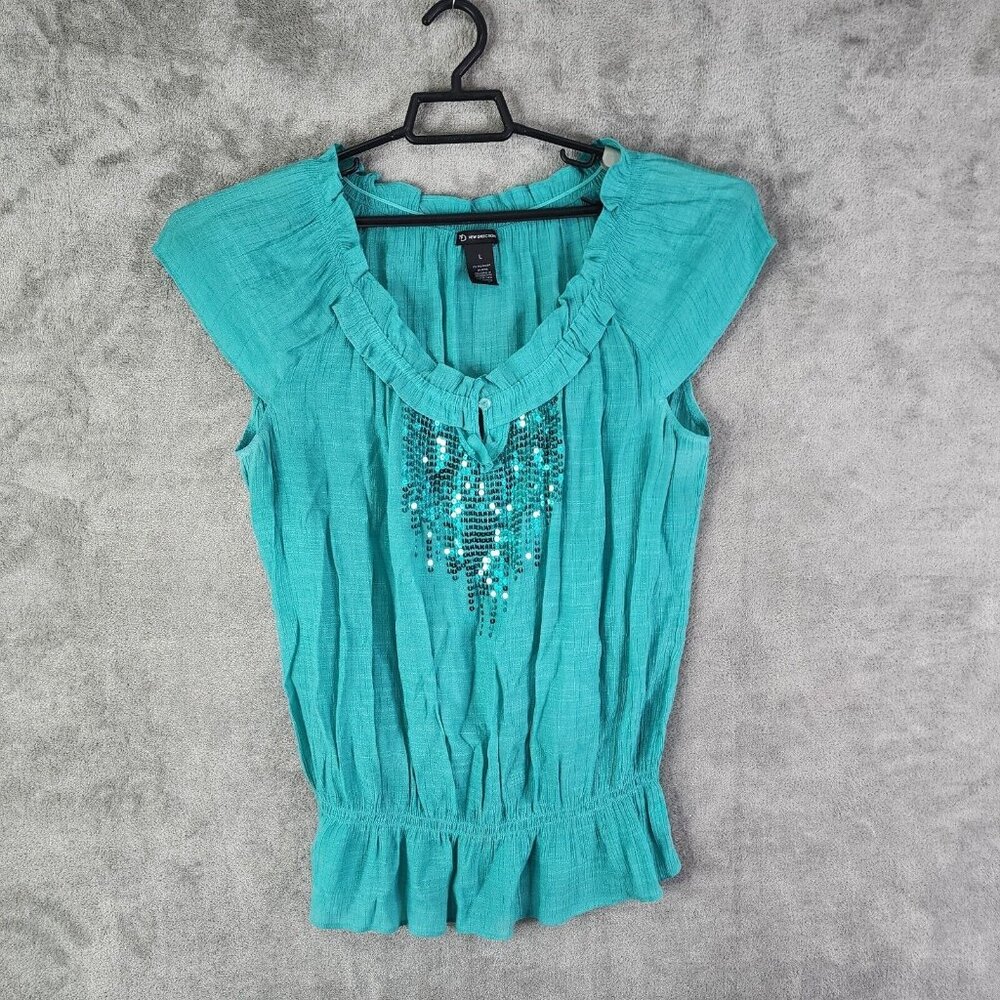 Womens Teal New Directions Sequin Top Off the Shoulder Short Sleeves L